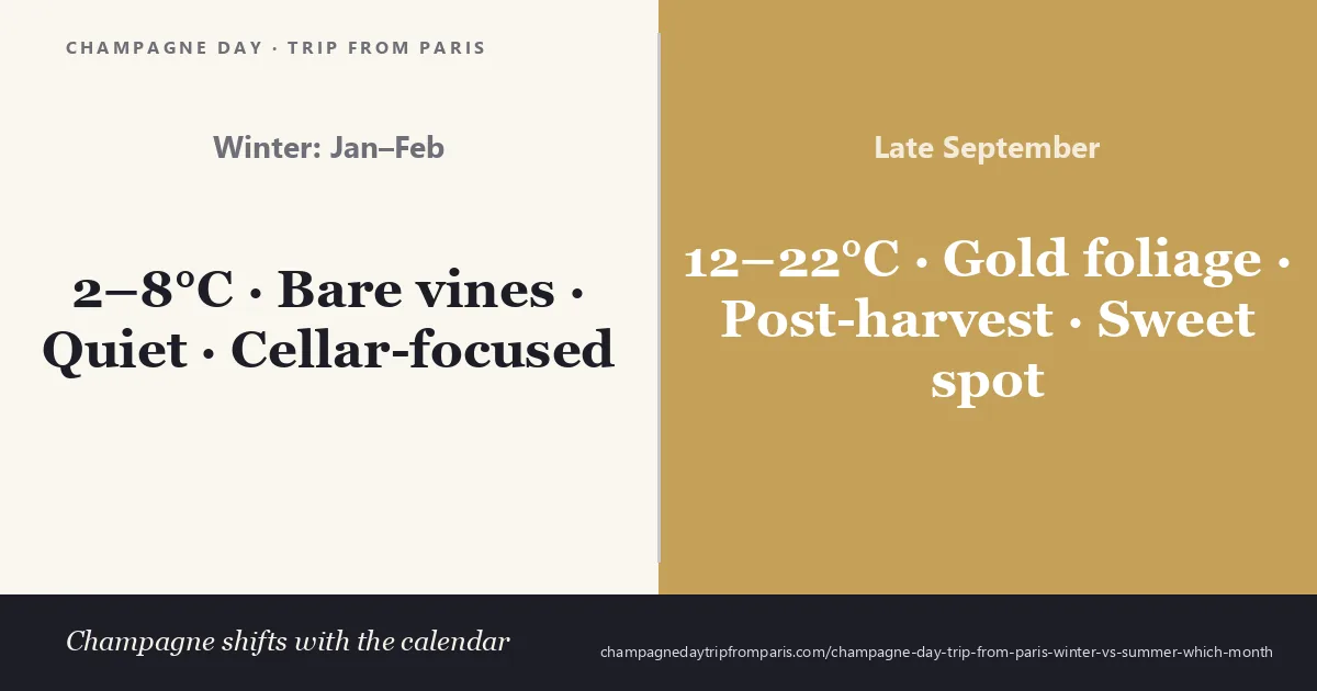 Winter Champagne day trip from Paris in January and February at 2 to 8 degrees with bare vines and cellar-quiet intimacy compared with late September at 12 to 22 degrees with golden vineyard foliage and post-harvest cellar activity at its peak