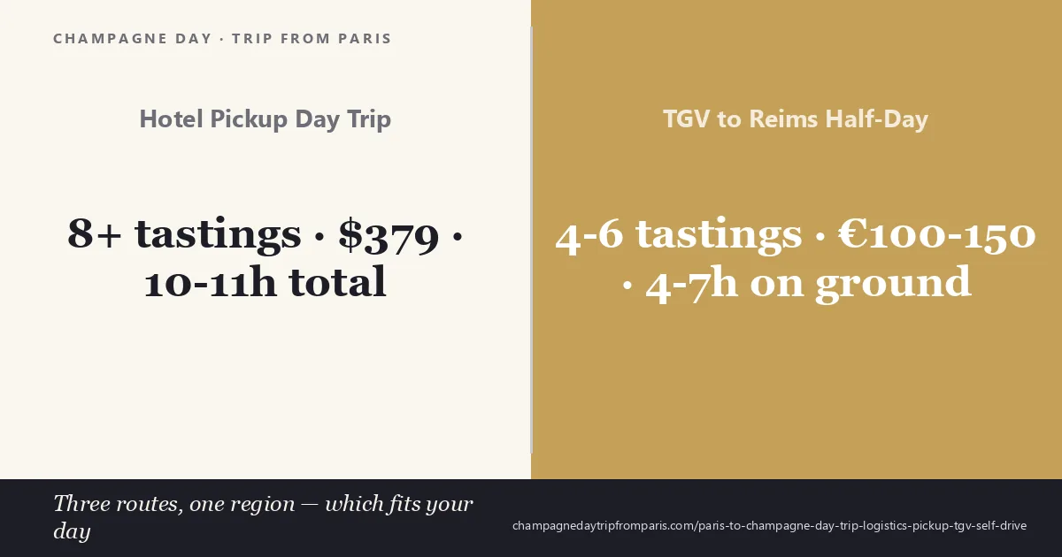 Hotel-pickup full-day champagne tour with 8-plus tastings at 379 dollars over 10 to 11 hours door-to-door compared with self-organising TGV to Reims for half a day with 4 to 6 tastings at 100 to 150 euros and 4 to 7 hours on the ground